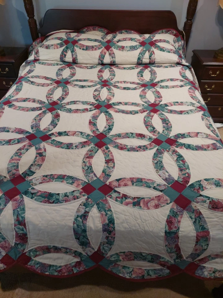 Anillo de boda doble artesanal edredón rey rosa verde azulado Joan Messmore Rosas juego de 2 tonos Foto 1 de 4