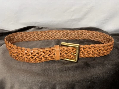 Talbots Belt Womens SzLg Brown Woven Braided Leather Solid Brass Buckle VTG - Image 1 of 4