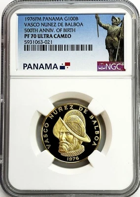 FM GOLD PANAMÁ 1976 100 BALBOAS 8,16 GRAMOS VASCO NUNEZ DE BALBOA NGC PROOF 70 UC Foto 1 de 2