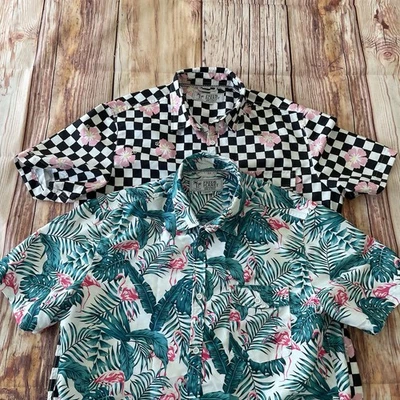 Lot Of 2 Free Planet Size Large Collared Button Up Short Sleeve Palm Hawaiian - Image 1 of 4