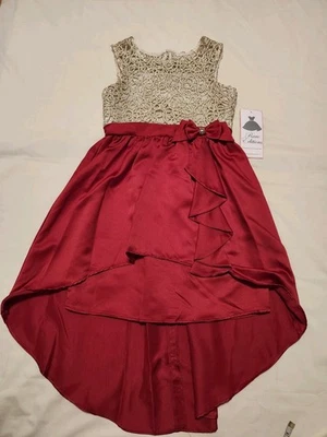 GIRLS RARE EDITIONS RED & GOLD LACY HI-LO HOLIDAY DRESS SIZE 12 - Image 1 of 4