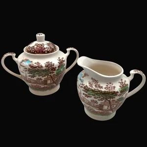 Vintage English Village Brown Transferware Covered Sugar Bowl Lid Creamer Japan - Picture 1 of 23