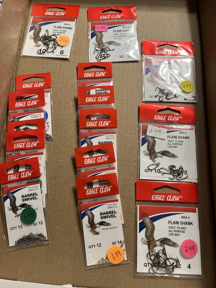 Eagle Claw Barrel Swivels 10 Packs Size 10s & 12s,Hooks 5 Packs 4,6,8,8,10 - Image 1 of 1