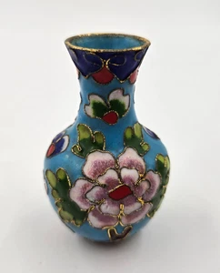 Antico vaso cinese in miniatura cloisonné con smalto BLU e ORO disegno floreale 3" - Foto 1 di 5