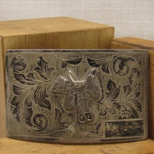 Hebilla de cinturón de plata esterlina grabada en México con silla de montar + - Imagen 1 de 4