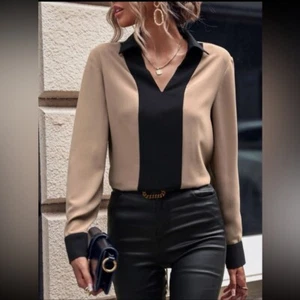Damen Bluse Kontrastkragen Bündchen Langarm Gr. XL Neu ohne Etikett hellbraun schwarz Business - Bild 1 von 9