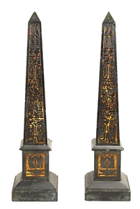 = 1850's-1870's Napoleon III Pair of Slate Obelisks, Gilt Egyptian Pictographs - Picture 1 of 24