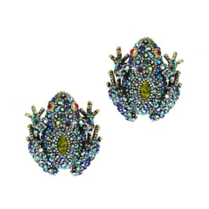 Heidi Daus Toad-ally Fabulous Black Aurora Borealis Toad Earrings with Clip Ons - Picture 1 of 11
