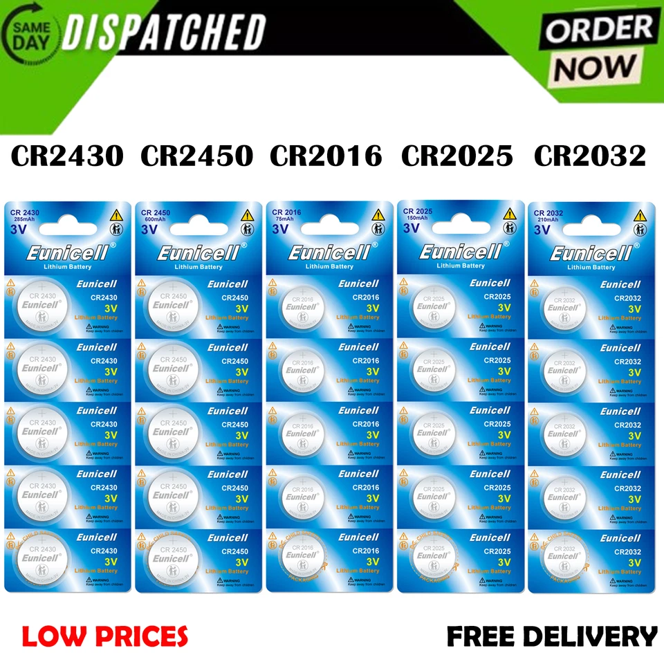 Eunicell 2032 Battery CR2032 CR2025 CR2450 CR2016 CR2430, 3v Lithium Coin Button - Image 1 of 1