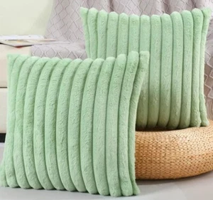 Pair Mint / Sage Green Faux Fur Plush Stripe Pillow Covers ~ 18x18 , 20x20 - Picture 1 of 2