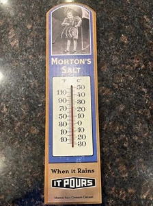 Vintage Morton Salt Wood Sign Thermometer Advertising / Chicago IL / 16"/ Works - Picture 1 of 2
