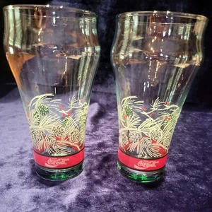 Libby Vintage Set Of 2 Classic Christmas Coca Cola Tumblers. Pine Decor. - Picture 1 of 7