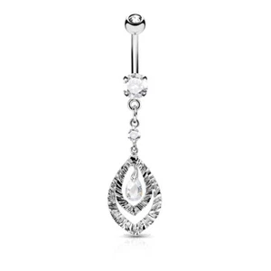 Belly Bar Button Navel Barbell Rings Clear Gem Double Hoops Dangle Piercing - Picture 1 of 3