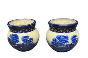 SET OF 2 FLOW BLUE VICTORIA WARE IRONSTONE PIERCED PLANTERS OR VASES - Picture 1 of 9