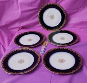 Antique J. Pouyat Limoges Cobalt Blue Gold Border Medallion 5 Dinner Plates SetA - Picture 1 of 18