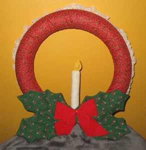 Handmade 12" Christmas Calico Covered Foam Wreath w/ Cotton Fabric Faux Candle - Picture 1 of 3