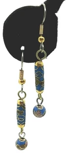 VINTAGE CLOISONNE BEADED BLUE 1 1/4" TUBE & BALL DROP DANGLE EARRINGS NEW - Picture 1 of 2