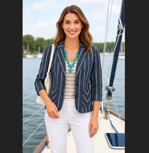 Cabi Linen Blazer Jacket Size 6 Navy Blue Striped Nautical Button Front #871 NEW - Picture 1 of 17