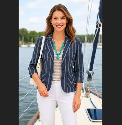 Cabi Linen Blazer Jacket Size 6 Navy Blue Striped Nautical Button Front #871 NEW - Image 1 of 4