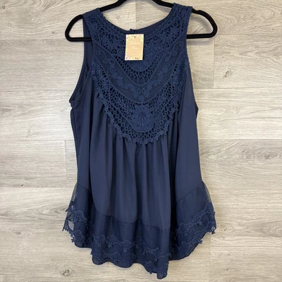Top Mujer Floral Encaje Sin Mangas Cierre Botón Fluido Azul Marino Talla L Foto 1 de 4