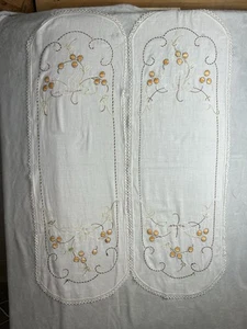 Pair Vintage Embroidered Multicolor Floral Linen Table Runner Crochet Lace Edge - Picture 1 of 8