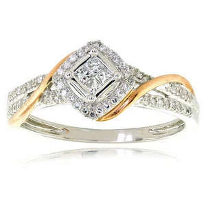 10k Two-Tone Gold Princess Cluster Diamond Halo Bridal Engagement Ring - Picture 1 of 6