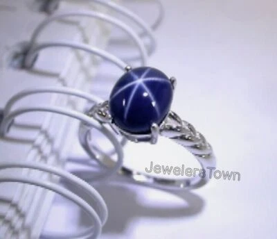 Anello da donna con zaffiro stellato blu naturale a 6 raggi da 8x10 mm in... - Immagine 1 di 4