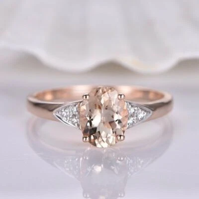 Anillo de cumpleaños solitario de morganita y diamantes de 4 puntas de 1 quilate 100 % oro rosa sólido de 14 k Foto 1 de 4