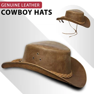 Cappello cowgirl western vera pelle australiano uomo cowboy marrone chiaro cavallo pazzo cespuglio cappello - Foto 1 di 19