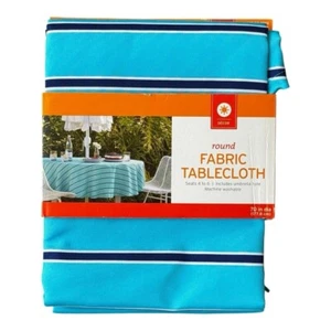 NEW NWT Target Blue with White Stripes Round 70 Inch Diameter Fabric Tablecloth - Picture 1 of 5