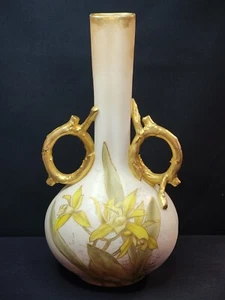 Antique CAC Belleek 10.5" Ivory & Gold Trim Daffodil Vase - Lavender Backstamp - Picture 1 of 24