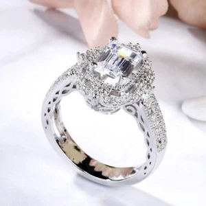 3Ct Emerald Cut Lab Created Diamond Women Engagement Ring 14K White Gold Plated - Picture 1 of 3