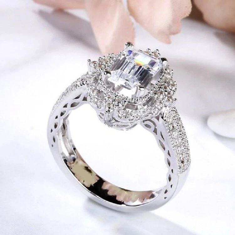 3Ct Emerald Cut Lab Created Diamond Women Engagement Ring 14K White Gold Plated - Image 1 of 3