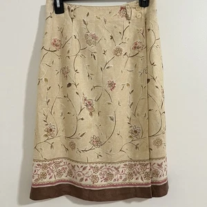 Talbots Wrap Skirt Women's 6 Beige Floral Linen Blend Prairie Boho Cottahe Midi - Picture 1 of 5