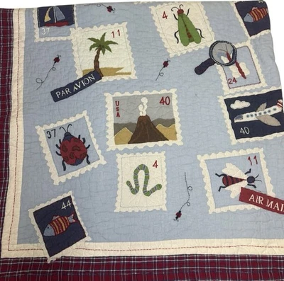 Pottery Barn Kids Air Mail Cotton Full Queen Quilt Red Blue Airplane Boys - Image 1 of 4