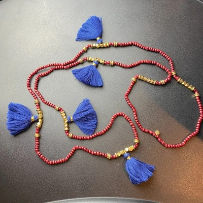 Collar con cuentas de estaciones de borla azul dorado rojo gitano BoHo 48" pulgadas de largo flecos Foto 1 de 4