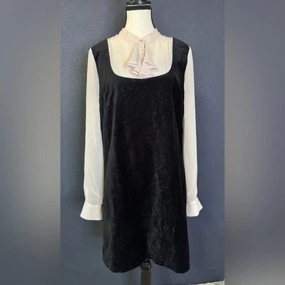 Modcloth Black Velvet Shift Dress w/ Attached Cream Blouse Layered Look | Size L - Image 1 of 4