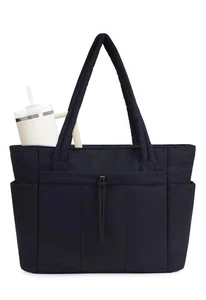 Puffer Tote Bag with Cup Holder for 40 oz Tumbler & Laptop Compartment Black - Picture 1 of 8