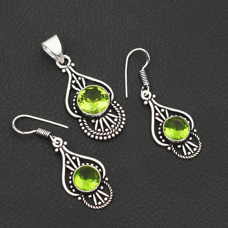 Peridot Gemstone Handmade Pendant+Earring Jewelry For New Year 1.68" AP-38735 - Image 1 of 1