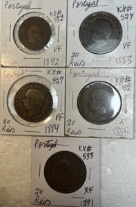 1883 - 1892 Portugal 10 & 20 Reis Very Fine VF - XF Condition 5 Coin Lot - Picture 1 of 12