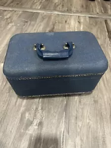 Vintage Crown Train Case Luggage Blue Makeup Suitcase With Key 14X8X8 - Picture 1 of 11