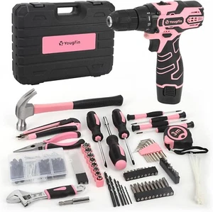 YOUGFIN Set di attrezzi da donna 195 pezzi - trapano rosa 12V, attrezzi e scatola portaoggetti - Foto 1 di 7