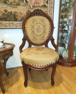 Fabulous Antique Hardwood Louis XV Chair w/tapestry seat and back. Great Cond. - Image 1 of 4
