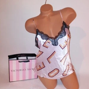 Camiseta sin mangas Victoria Secret Camisola Prendas para dormir Estampado de amor Negro Rosa Encaje Satinado Nueva - Imagen 1 de 7