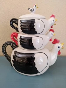 Stapelbare Huhn Teekanne (Tee/Sahne/Zucker) - Hergestellt in Japan - Bild 1 von 10