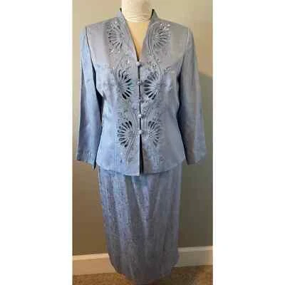 Traje Adrianna Papell Azul Polvoriento 100% Seda Talla 12 Chaqueta Bordada con Cuentas Usado en Excelente Condición Foto 1 de 4