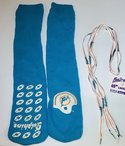 Vintage Miami Dolphins 45’ Shoe Laces and grippy socks lot Cover