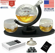 Whiskey Decanter Globe Set with 2 Etched Globe Whisky Glasses - for Liquor, New