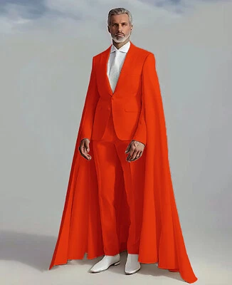 Business Men Suits Single Breasted Tuxedo Peak Lapel Cocktail Long Cape Jackets - Image 1 of 4
