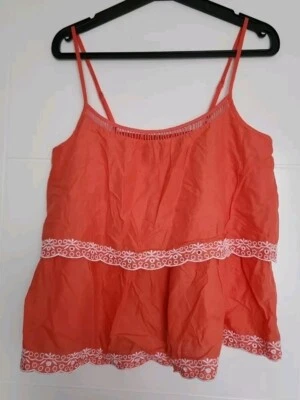 PRIMARK CORAL ORANGE COTTON BROIDERY ANGLAISE TIERED SWING VEST TOP BLOUSE 10 - Image 1 of 4